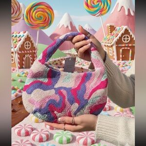 NWT Beaded Pink & Purple Abstract Curvy Camo Design on Crescent Shaped bag SMALL